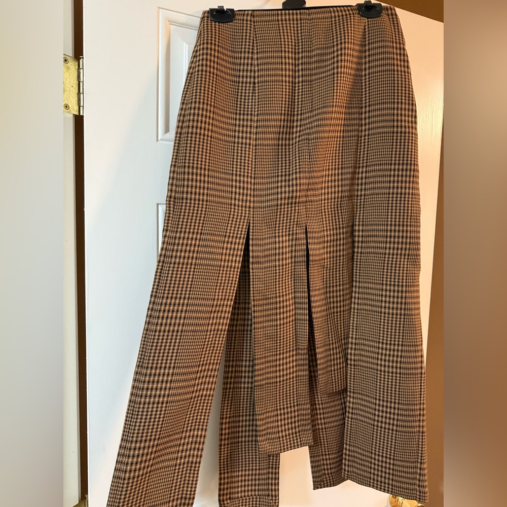 Maje Asymmetrical Plaid Pleated Midi Skirt in Brown and Black